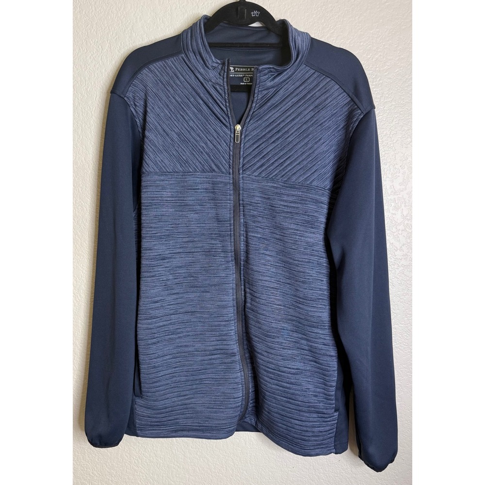 Pebble Beach Mens L Full Zip Jacket Blue Dry Luxe Performance Mixed Texture Mock